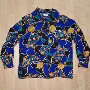 Vintage Blue Multicolor Chain & Medallion Button-Down Shirt Braemar Petites